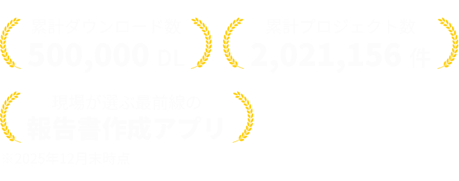 累計ダウンロード数500,00DL 累計プロジェクト数2,021,156件 現場が選ぶ最前線の報告書作成アプリ ※2025年12月末時点