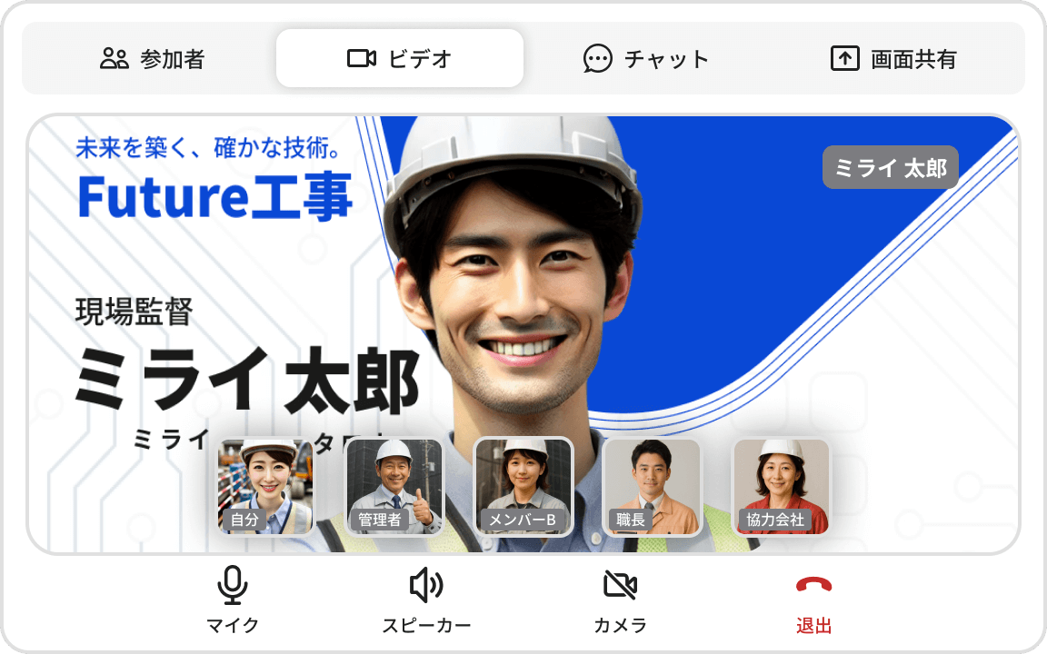 ビデオ通話機能もミライ工事アプリ内で完結。PCやスマホ間で自由に通話ができます