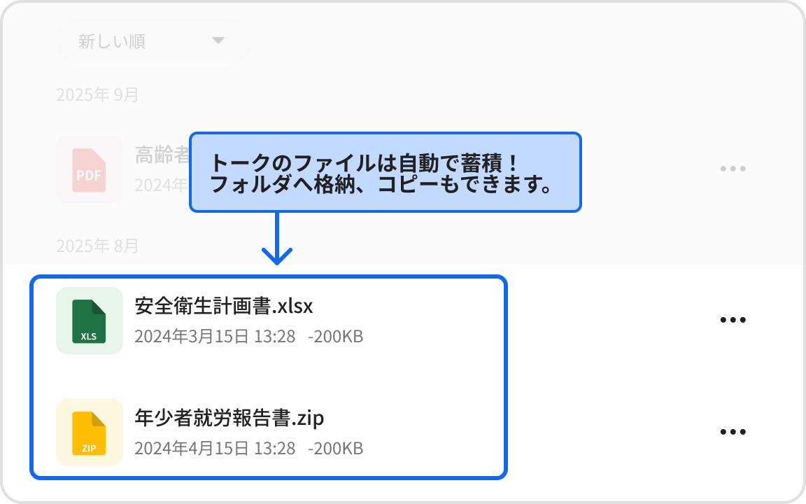 トークのファイルは自動で蓄積！フォルダへ格納、コピーもできます。