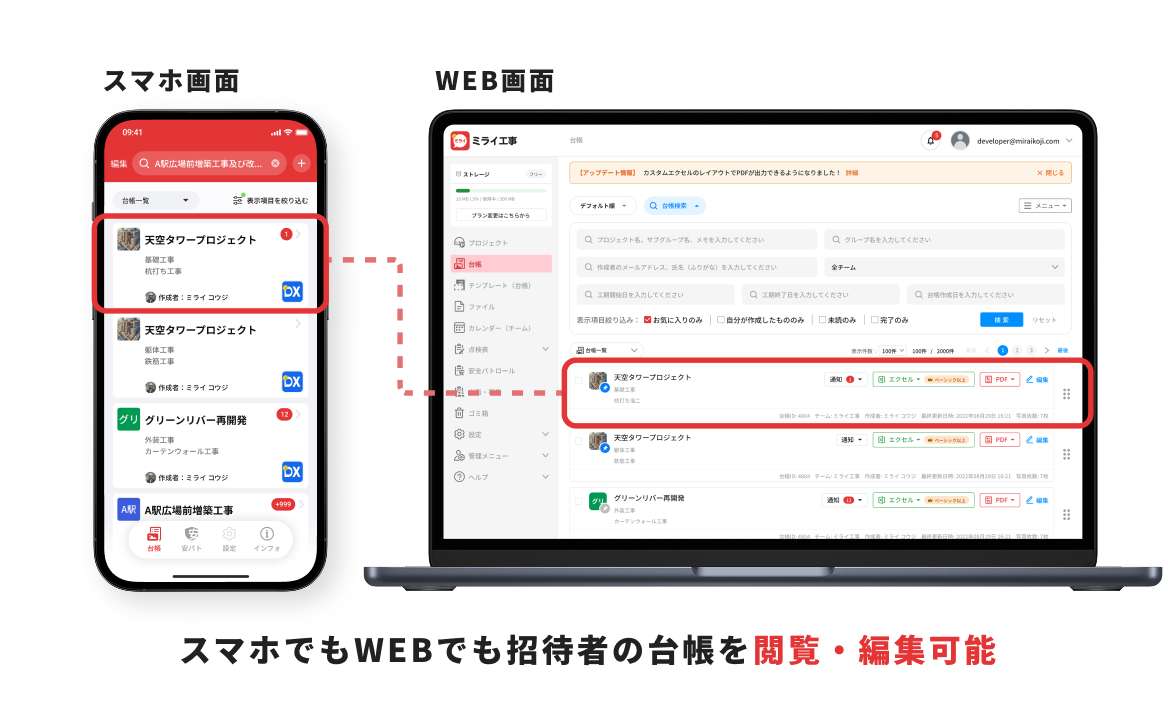 工事写真台帳をスマホで簡単に作成・共同編集でき、撮影者や協力会社を無料招待できる「ミライ工事」アプリ